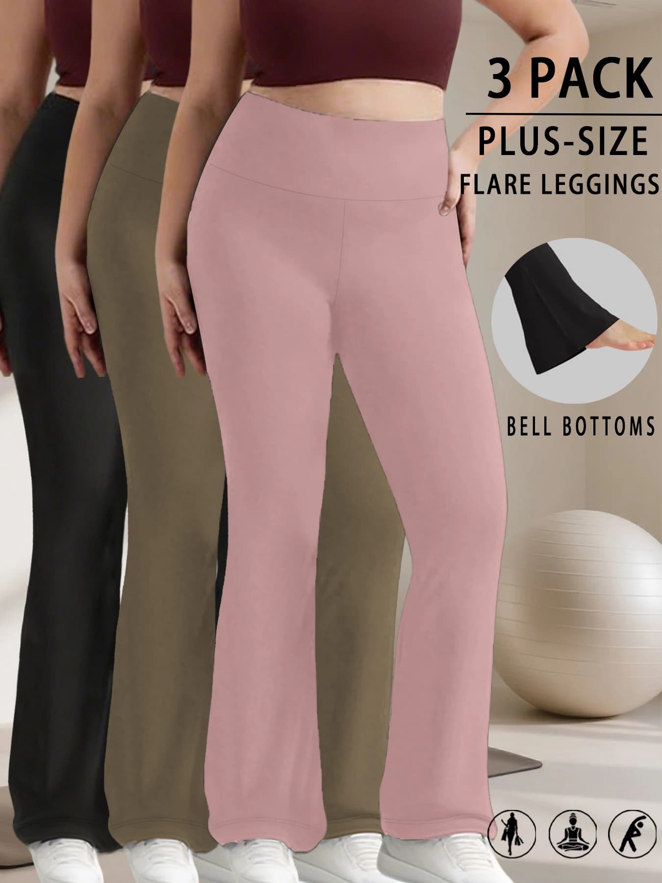 Pack of 3 high waist yoga pants with elephant leg for women strong sizes with edge on the bottom of the legs. Perfect for yoga or leisure.