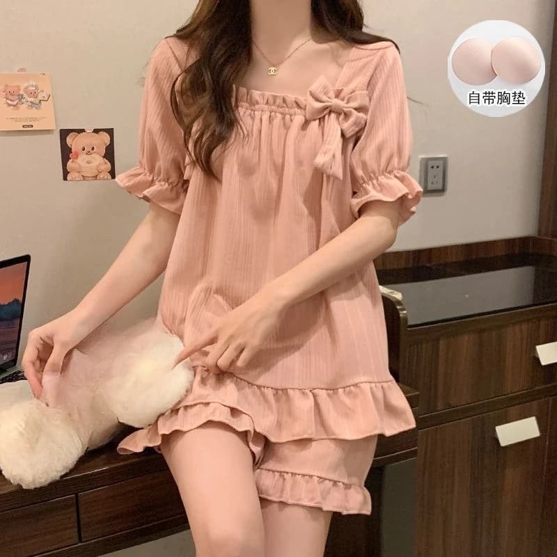 Woman Summer Short-Sleeve Pajamas Chest Pads Lace Girl Student Bowknot Set Women HomeWear Worn Outside Casual Loungewear Lady