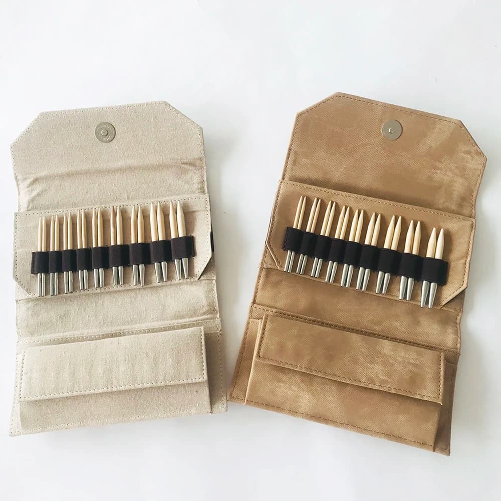 Set di aghi intercambiabili LYKKE Crafts Naturale da 3,5" in custodia in denim marrone chiaro/custodia in tela beige