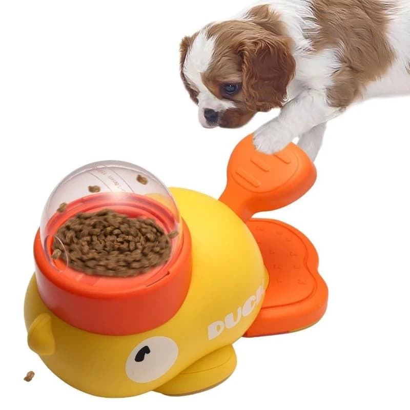 Dispenser interattivo per dolcetti per gatti a forma di anatra gialla Giocattolo per cani da addestramento in plastica durevole Puzzle Giocattolo di intrattenimento per cani con alimentatore lento