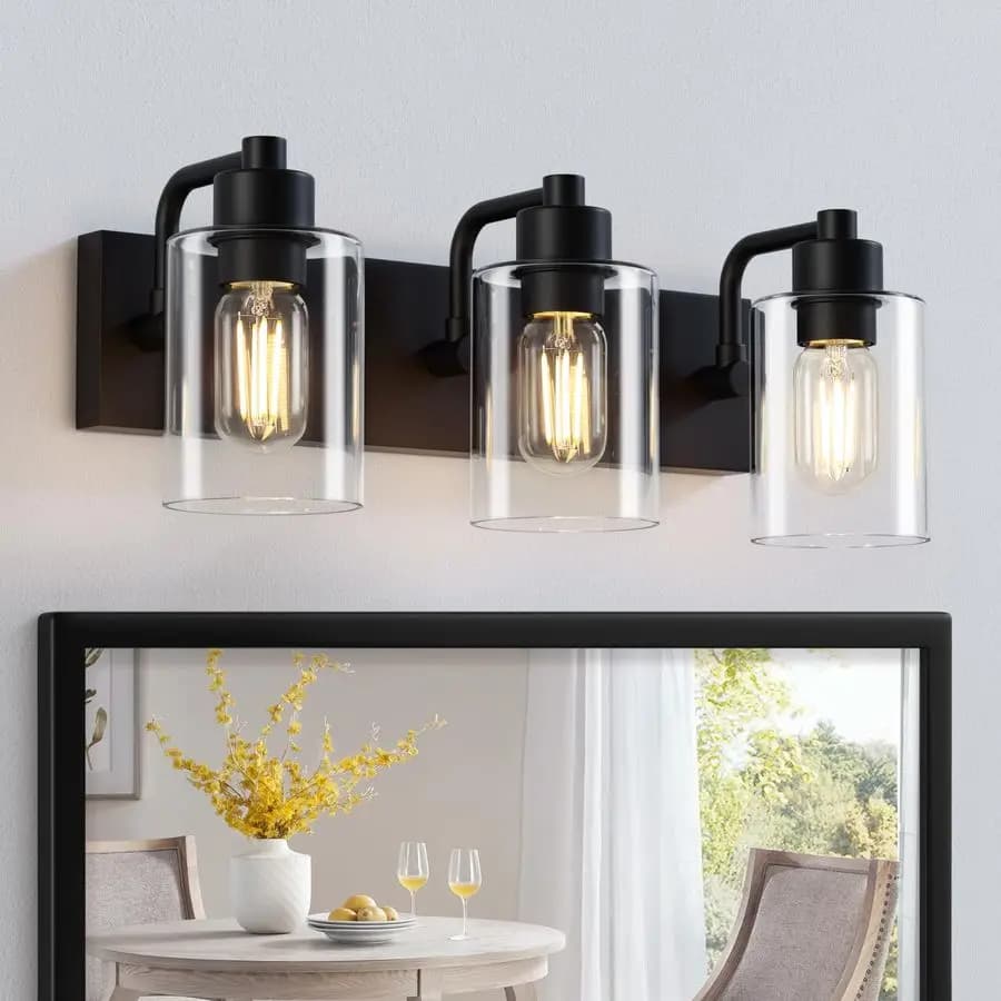 Lampade da parete, luci da bagno a 3 luci nero opaco sopra lo specchio con paralume in vetro trasparente, applique da parete per cucina, soggiorno, camera da letto