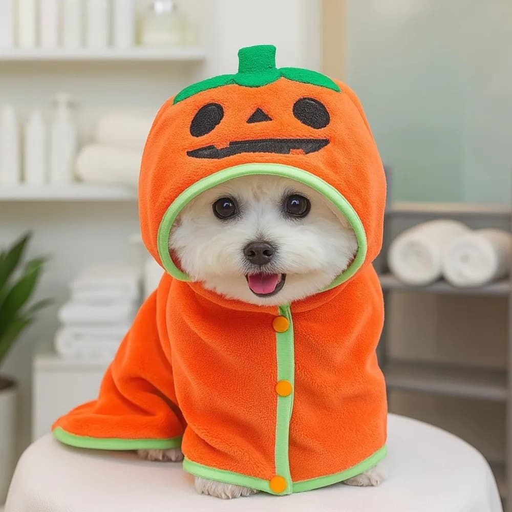 Quick-drying Halloween Dog Towel Plush Water-absorbent Dog Pumpkin Ghost Bathrobe Cozy Soft Pet Hoodie Bathrobe After Swim