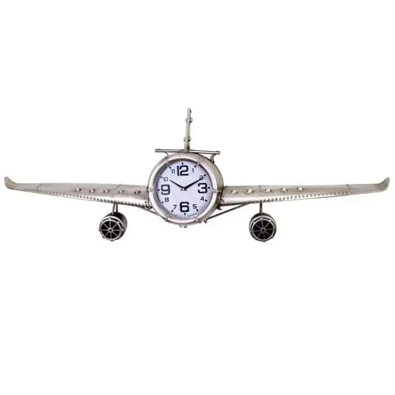 Orologio da parete in metallo personalizzato all'ingrosso, grande, a forma di aereo, con contenitore, decorazione da parete in ferro, orologio da parete a forma di aereo