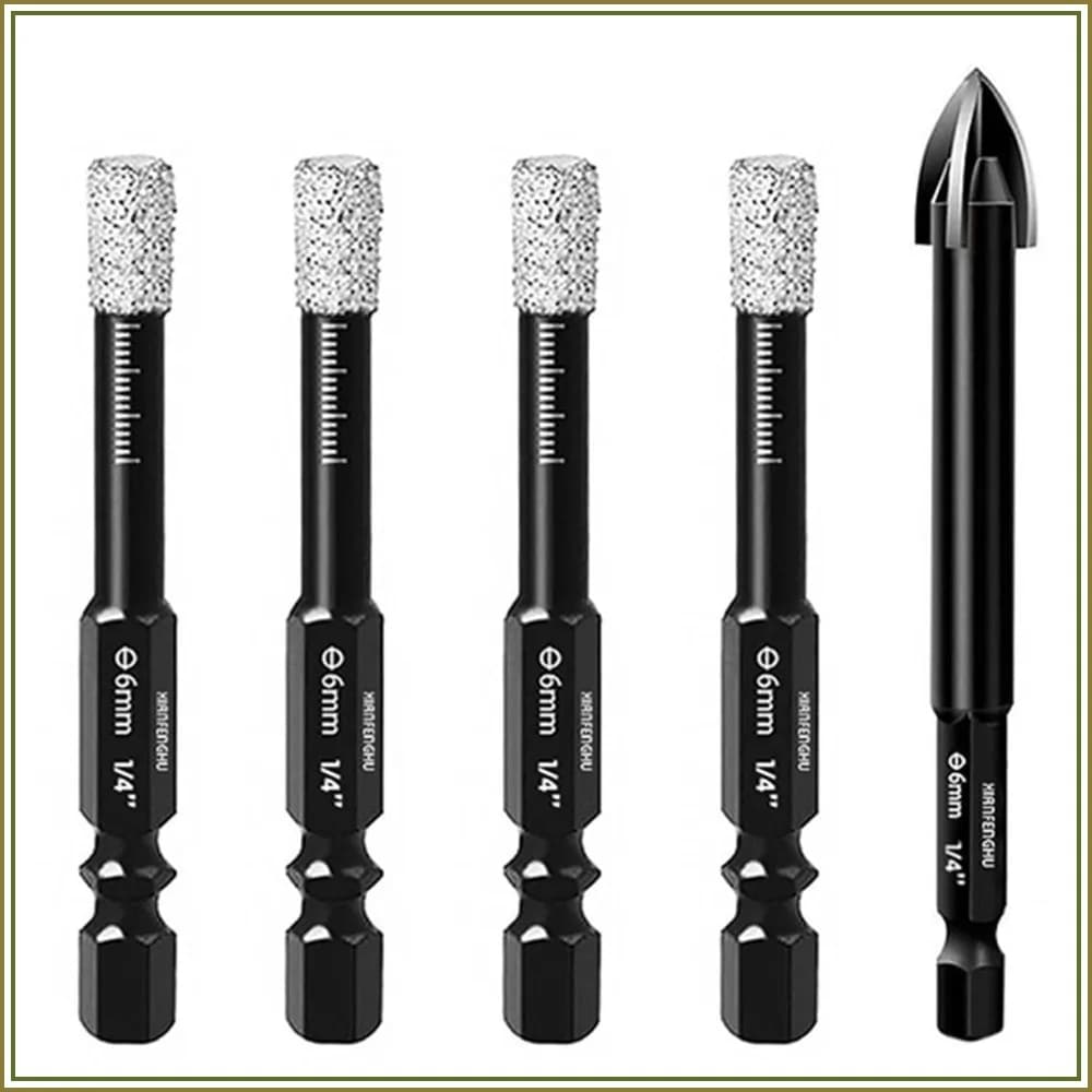 5PCS Dry Diamond Core Drill Bits Set, 1/4" Hex Shank Tile Hole Saws for Ceramic, Porcelain, Marble, Granite, Glass