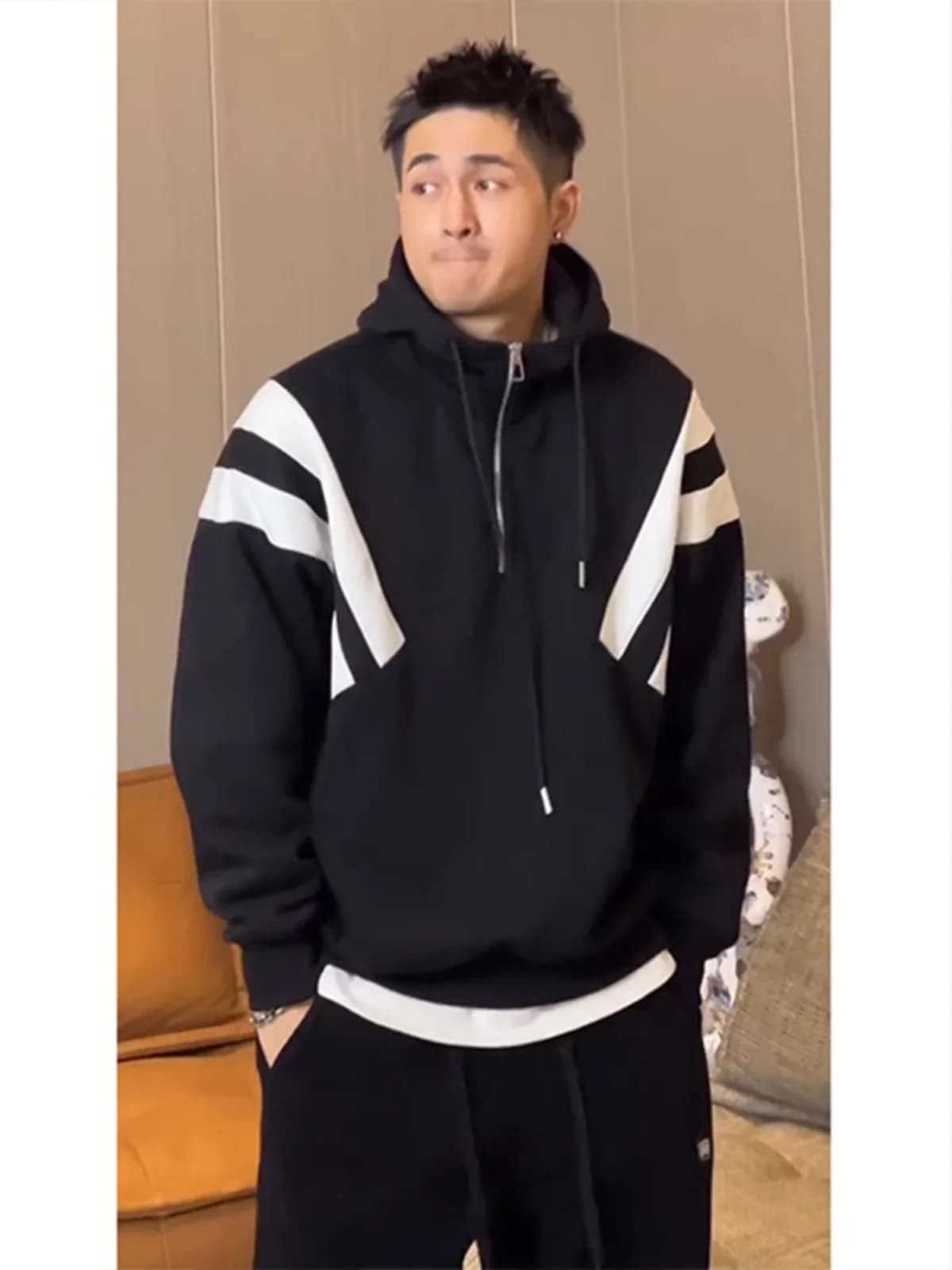 Felpa con Cappuccio da Uomo Stile Americano, Patchwork a Righe, Leggera, Invernale, Casual, Manica Lunga, Mezza Zip, Giacca con Cappuccio