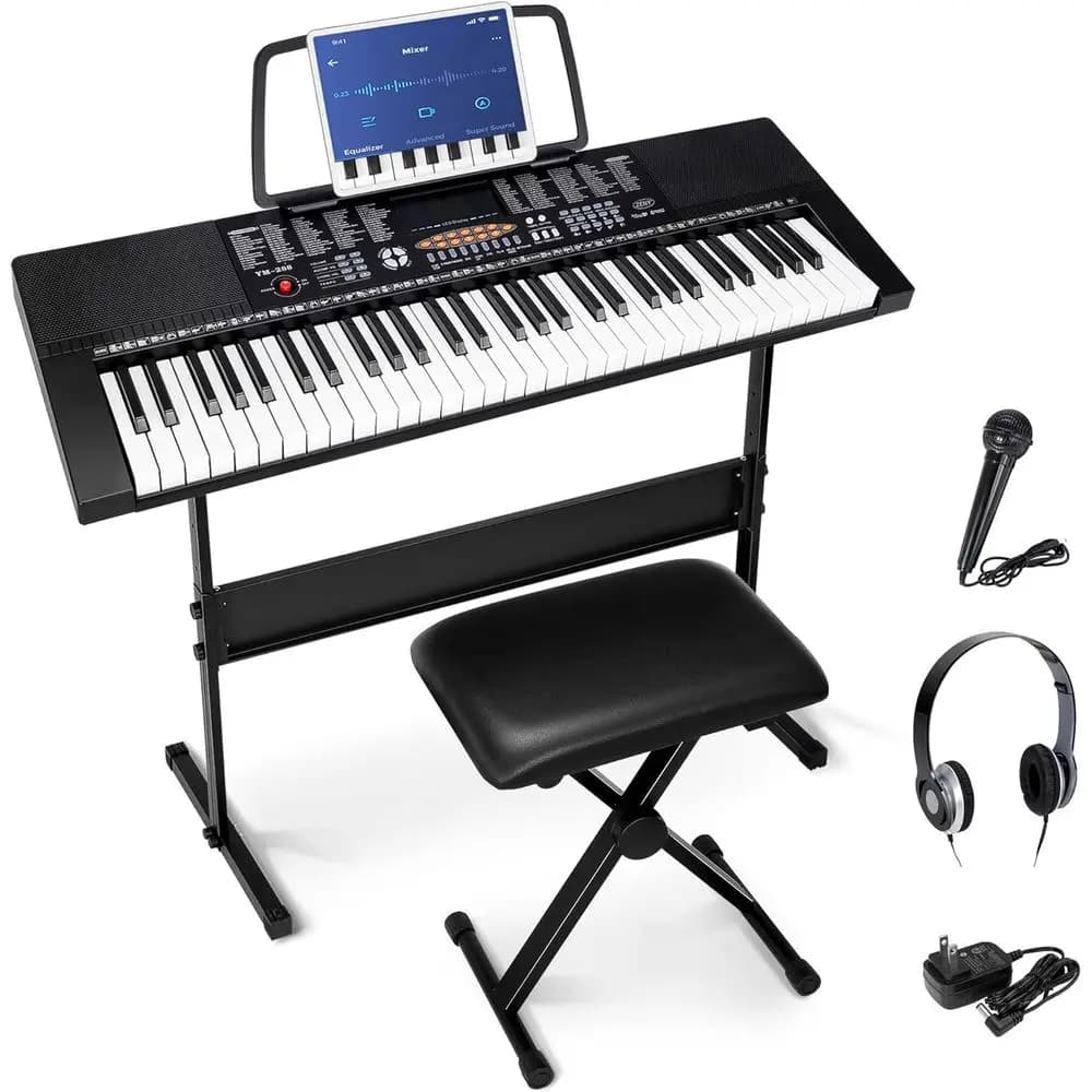 61 Key Portable Electronic Piano Keyboard Kit LED Display Adjustable Stand Stool Headphones Microphone Music Rest