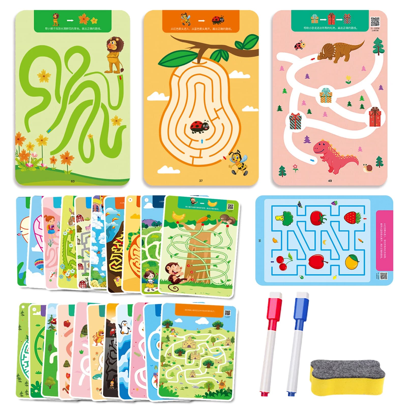 15/32 Sheets Reusable Maze Cards for Kids 3 Beginner Level Kids Activity Busy Amazing Mazes Books with Pens Chidren Puzzles Fine