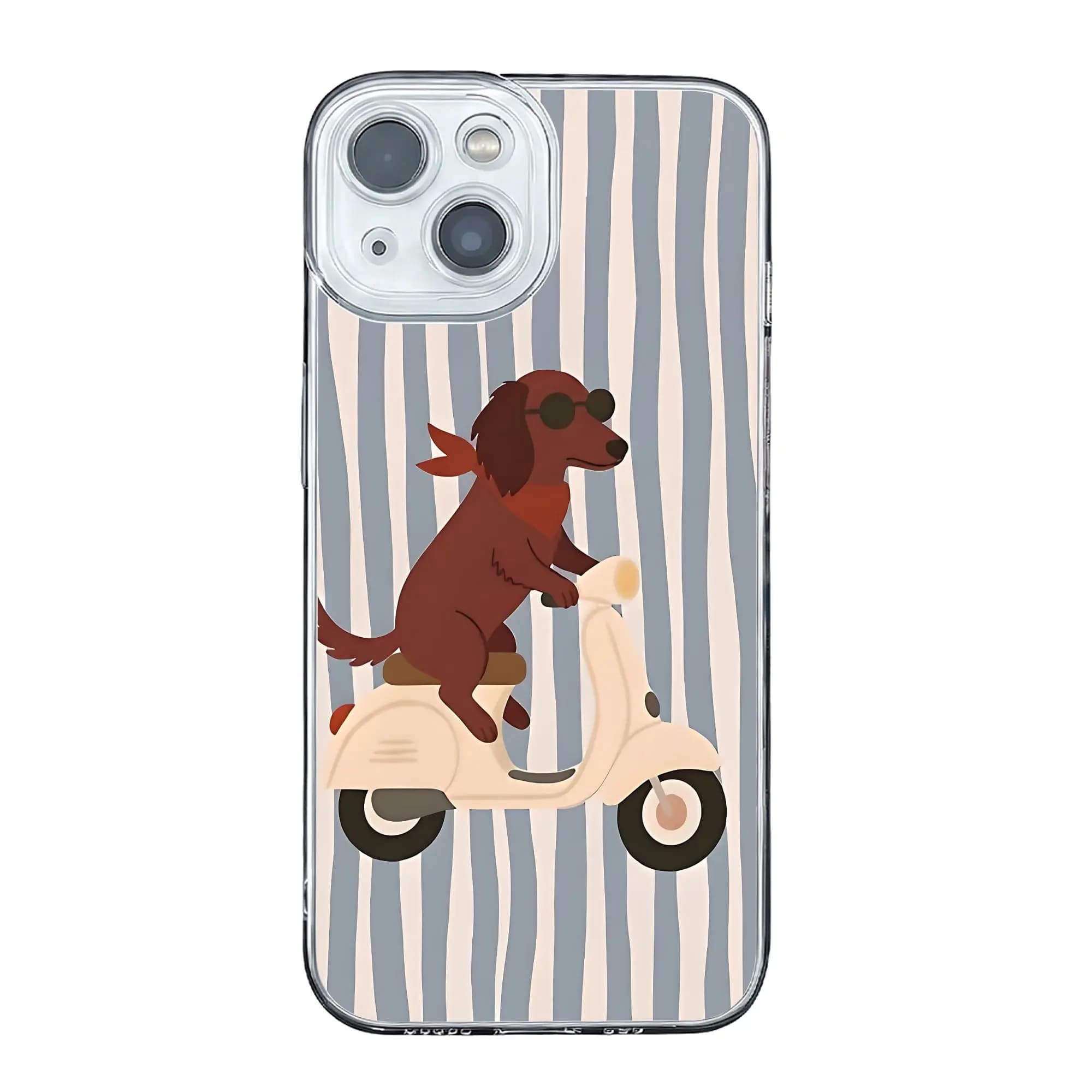 Cover per iPhone 17 16 15 14 13 12 11 Pro Max con design divertente di cane peloso su scooter, anti-collisione