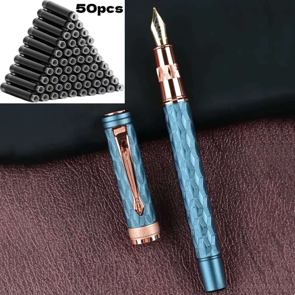 51-Piece Fountain Pen Set [1Pc Fountain Pen + 50Pcs Ink Cartridges], 0.5mm Nib, Hand-Polished Nib, High-Quality Craftsmanship, Stainless Steel Pen Body, Iridium Pen Clip, Electroplating Process, Engraved Pen Body Design, Suitable for Students, Holiday Gifts, Back-To-School Season, Birthday Gifts, Christmas, Father's Day, Mother's Day, Teacher's Day, Thanksgiving, Daily Writing, Signature, Calligraphy, Art, Fountain Pen