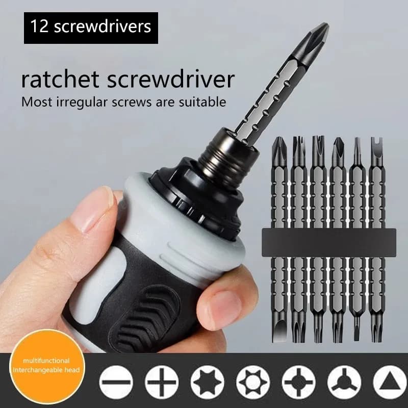 Set Cacciavite a Cricchetto 12 in 1, con Punte CR-V a Testa Corta a Doppio Uso e Regolazione a 3 Vie, Utensile Manuale Fai-da-te per Risparmio di Lavoro