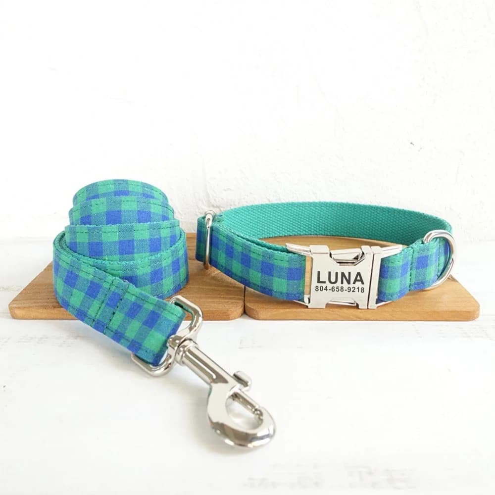 Collare per animali domestici personalizzato Incisione gratuita Targhetta personalizzata per cuccioli Etichetta identificativa Fibbia regolabile Guinzaglio per collari scozzesi verde blu