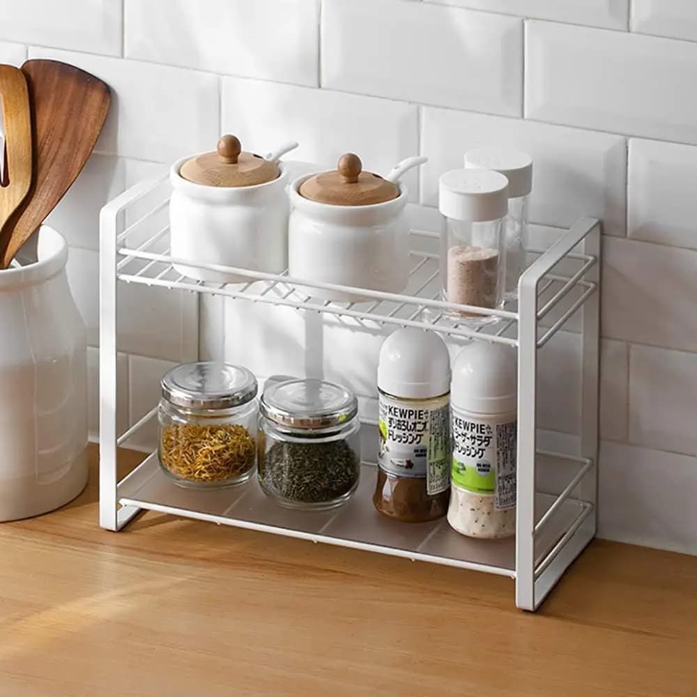 Organizzatore per Spezie a 2 Livelli, Scaffale da Cucina, Salvaspazio per Bottiglie e Barattoli (Bianco)