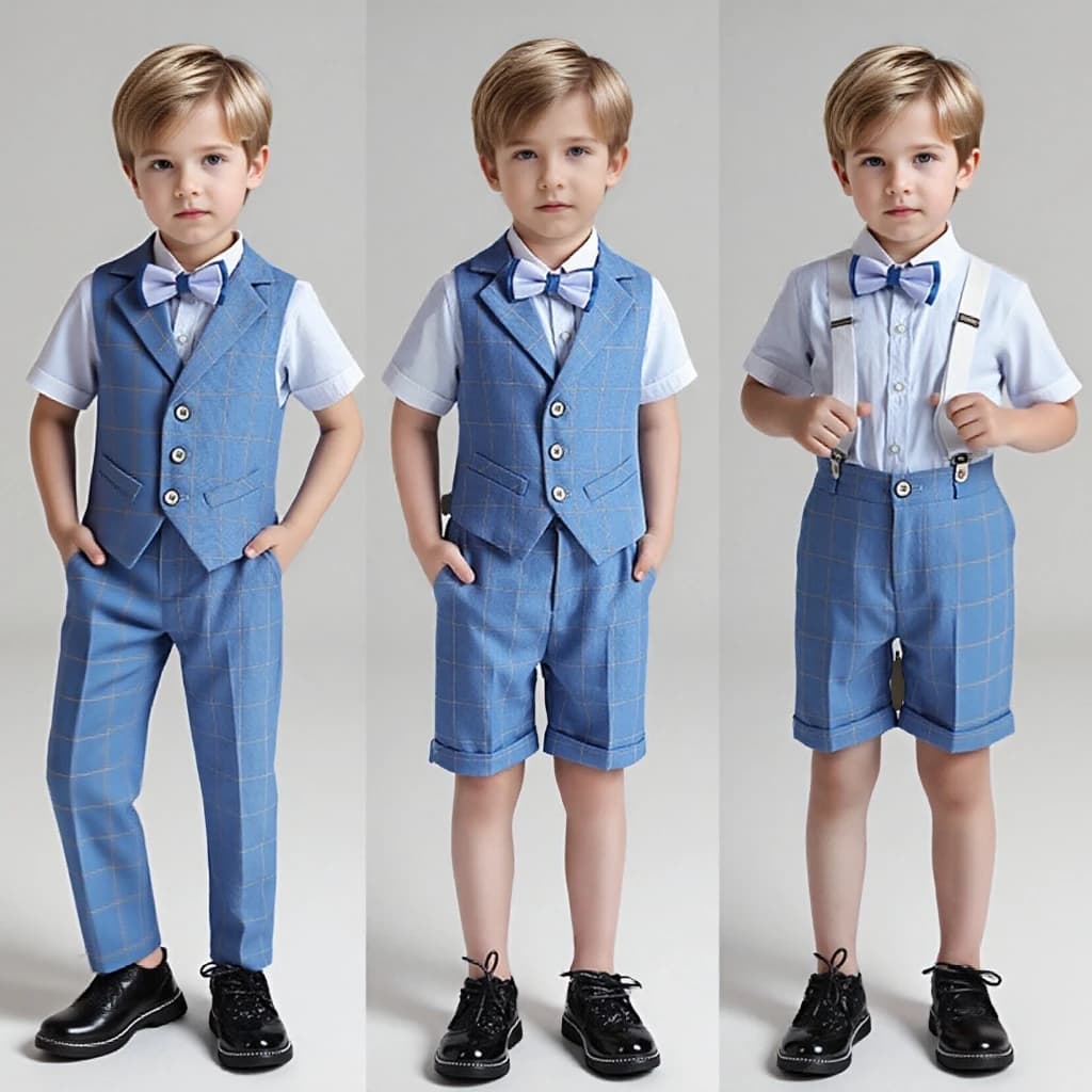 Boys Summer Vest Suit Set Elegant Blue Plaid Birthday Weddings Costume for Child School Clothes Kids Formal Performances Outfits