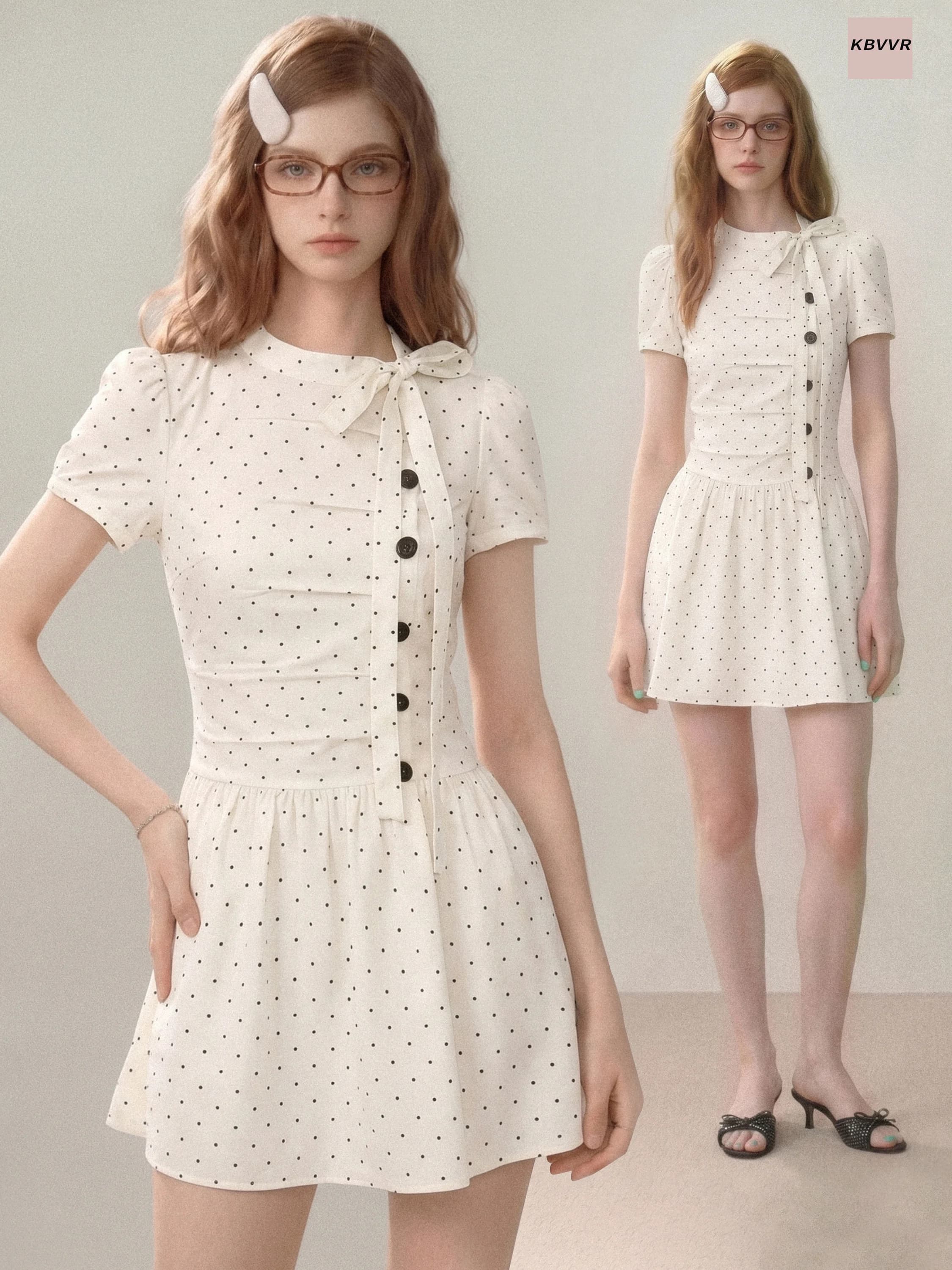 White Polka Dot Bowknot Waist Cinching Dress Women's Summer A-Line Short Skirt Slimming Skirt Korean Style Commute