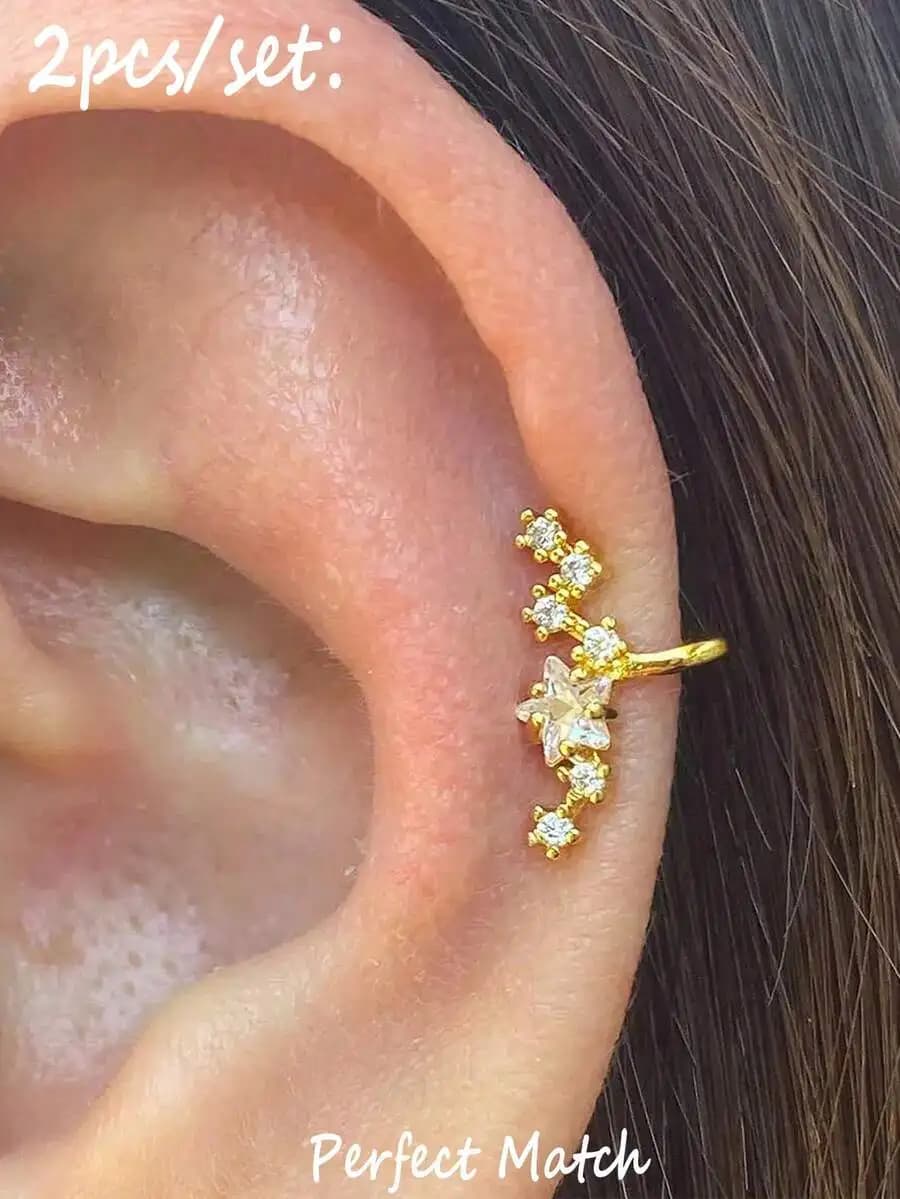 1 Pair Crystal Star-Shaped Clip-On Earrings, Women's Cubic Zirconia Non-Pierced Fake Earrings, Ear Cuff Clip-On Earrings, No Ear