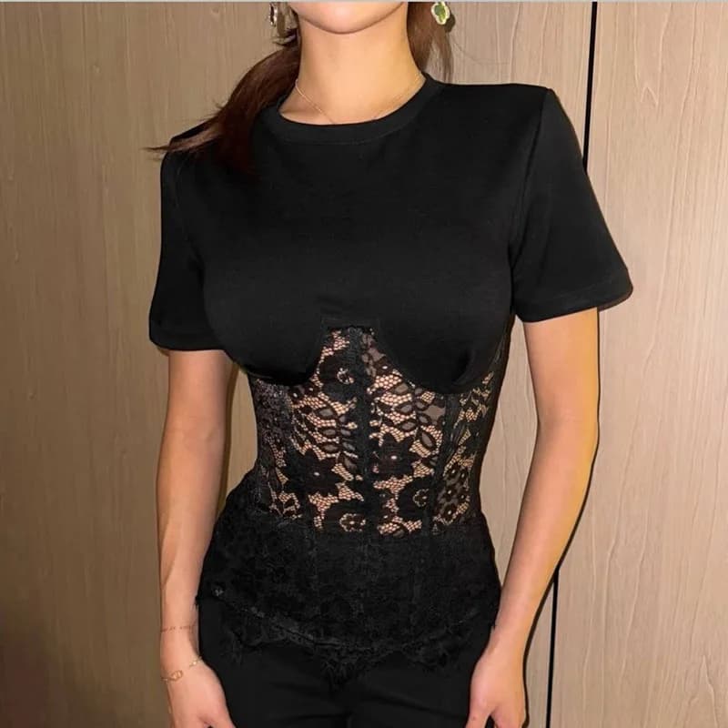 T-shirt that enhances the figure, T-shirt in patchwork transparent lace, T-shirt casual light and breathable, Blusa elegant transparent mesh effect