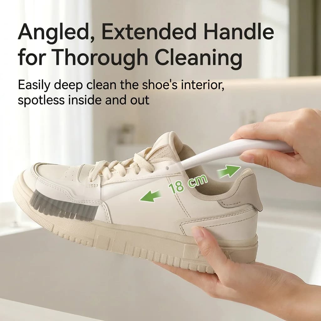 Spazzola a setole morbide multifunzionale per la rimozione delle macchie, spazzola per scarpe con manico lungo, ergonomica per fessure di rubinetti, lavanderia e tappeti