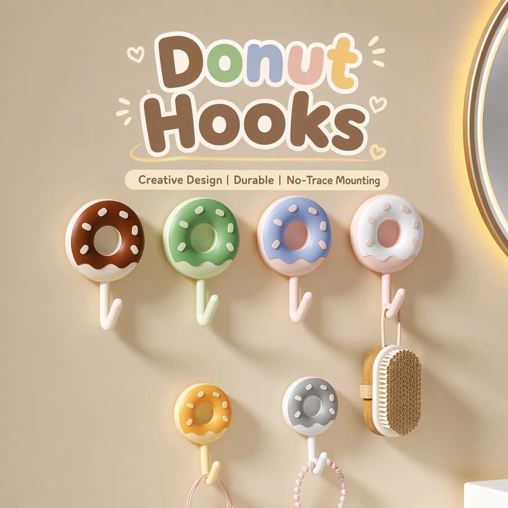 6PCS Cute Donut Colorful Self Adhesive Wall Hooks Sticker Hooks Towel Coat Key Pants Hanger Bathroom Kitchen Storage Accessories