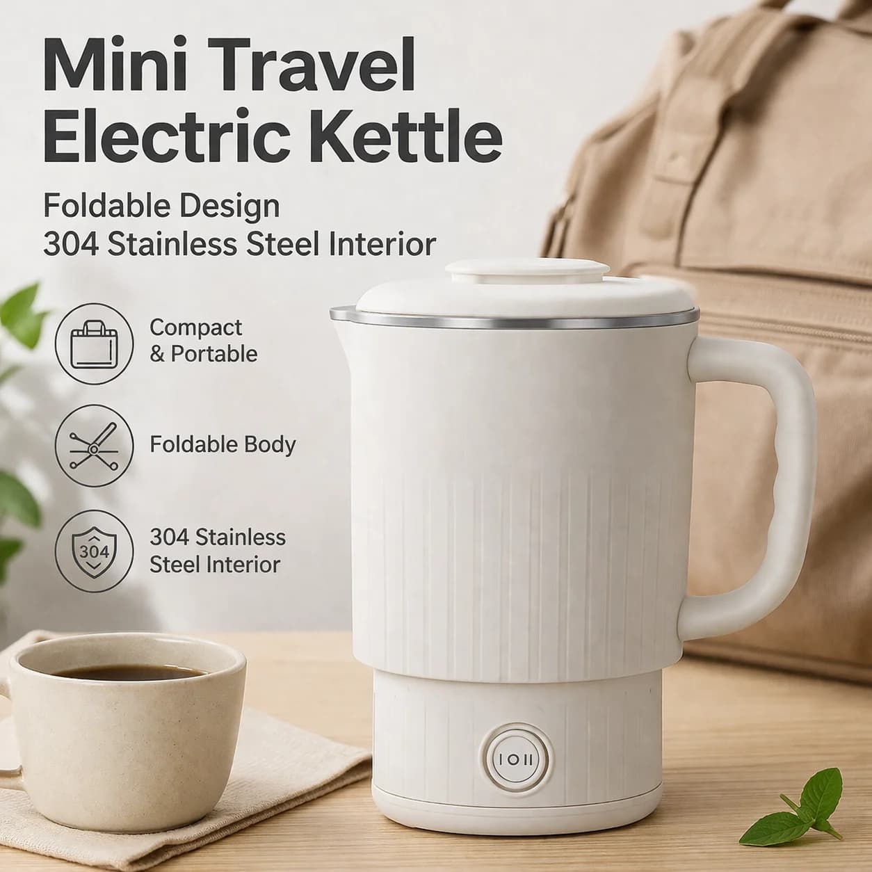 Bollitore elettrico da viaggio portatile pieghevole in acciaio inossidabile 304, mini scaldacqua a riscaldamento rapido per campeggio, ufficio, casa