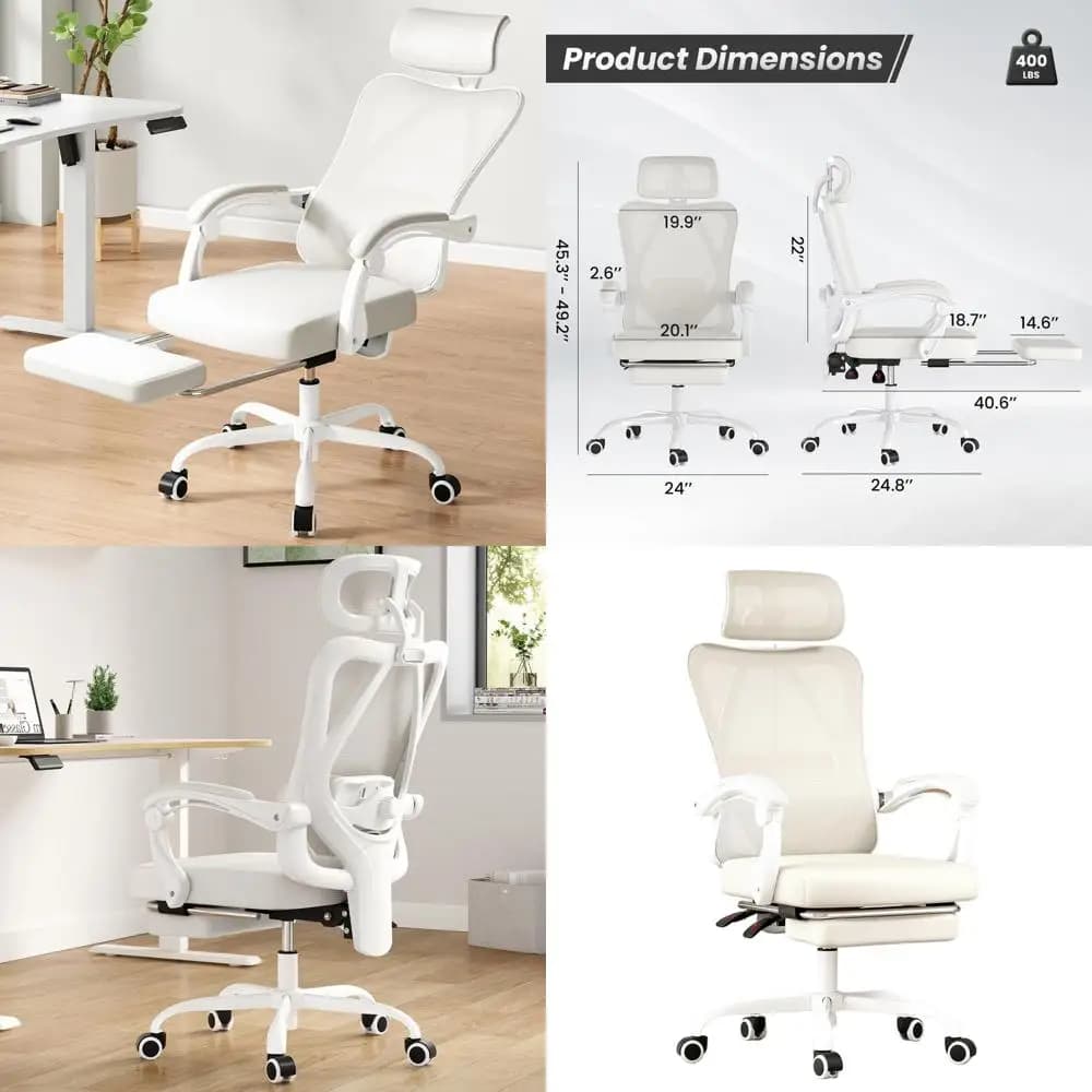 Sedia da Ufficio in Rete con Schienale Alto e Poggiapiedi, Supporto Lombare e Poggiatesta Regolabili per Home Office (Beige)