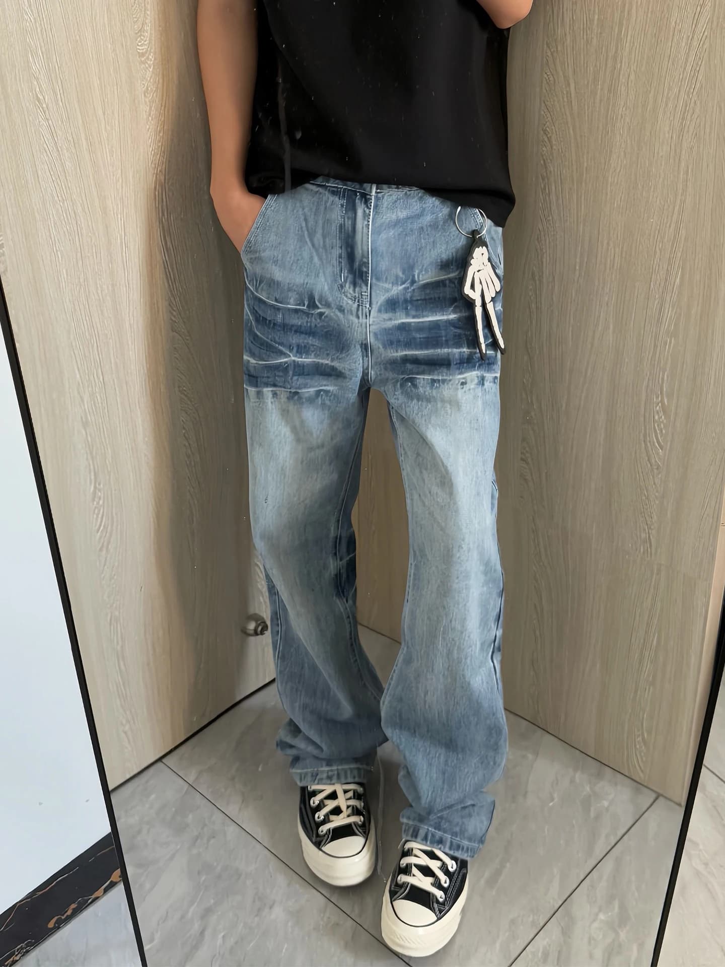 Blue Lightning Pattern Men's Jeans Straight Loose American Style Autumn Fashion Youth Casual Wear Resistant Straight Leg Jeans