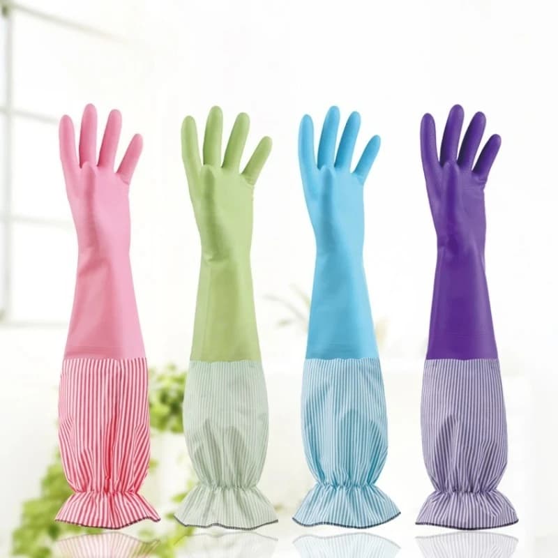 1 paio di guanti alla moda con orlo e velluto caldi per lavori domestici, cucina, pulire, durevoli, lavare i piatti, guanti di gomma