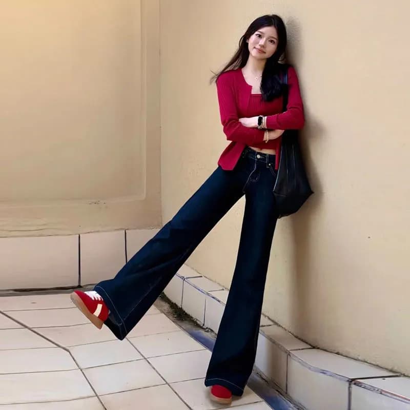 American Style Low Waist Bell Bottom Denim Jeans Women's Spring 2026 New Loose Slimming Floor Length Hoof Pants
