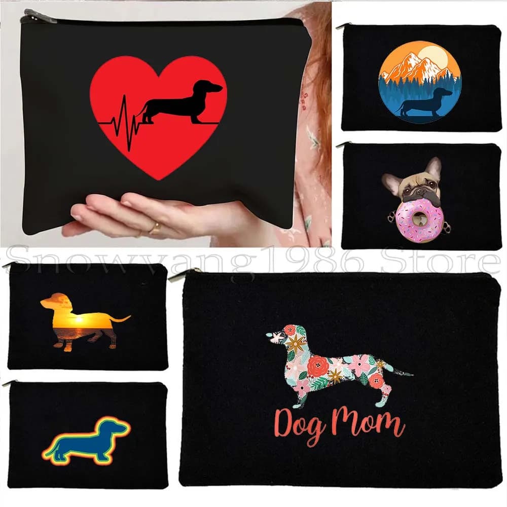 Divertente bassotto silhouette cane mamma floreale carino cuore nono bulldog francese borsa cosmetica in tela trucco rossetto astuccio astuccio