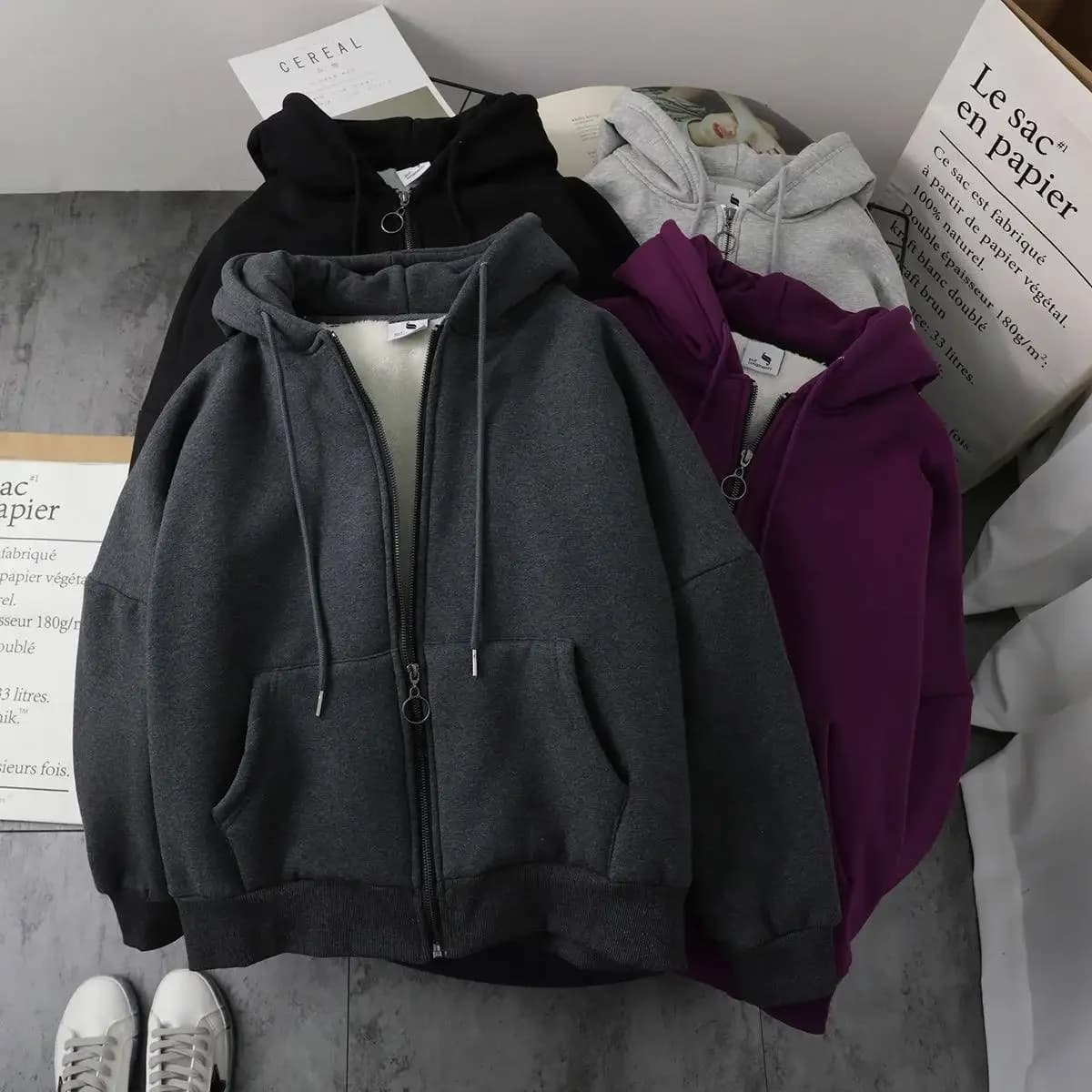 Lamb Wool Zipper Cardigan Sweatshirts Women Autumn and Winter Loose Solid Color Hooded Jackets Plus Thick Short Coats Female