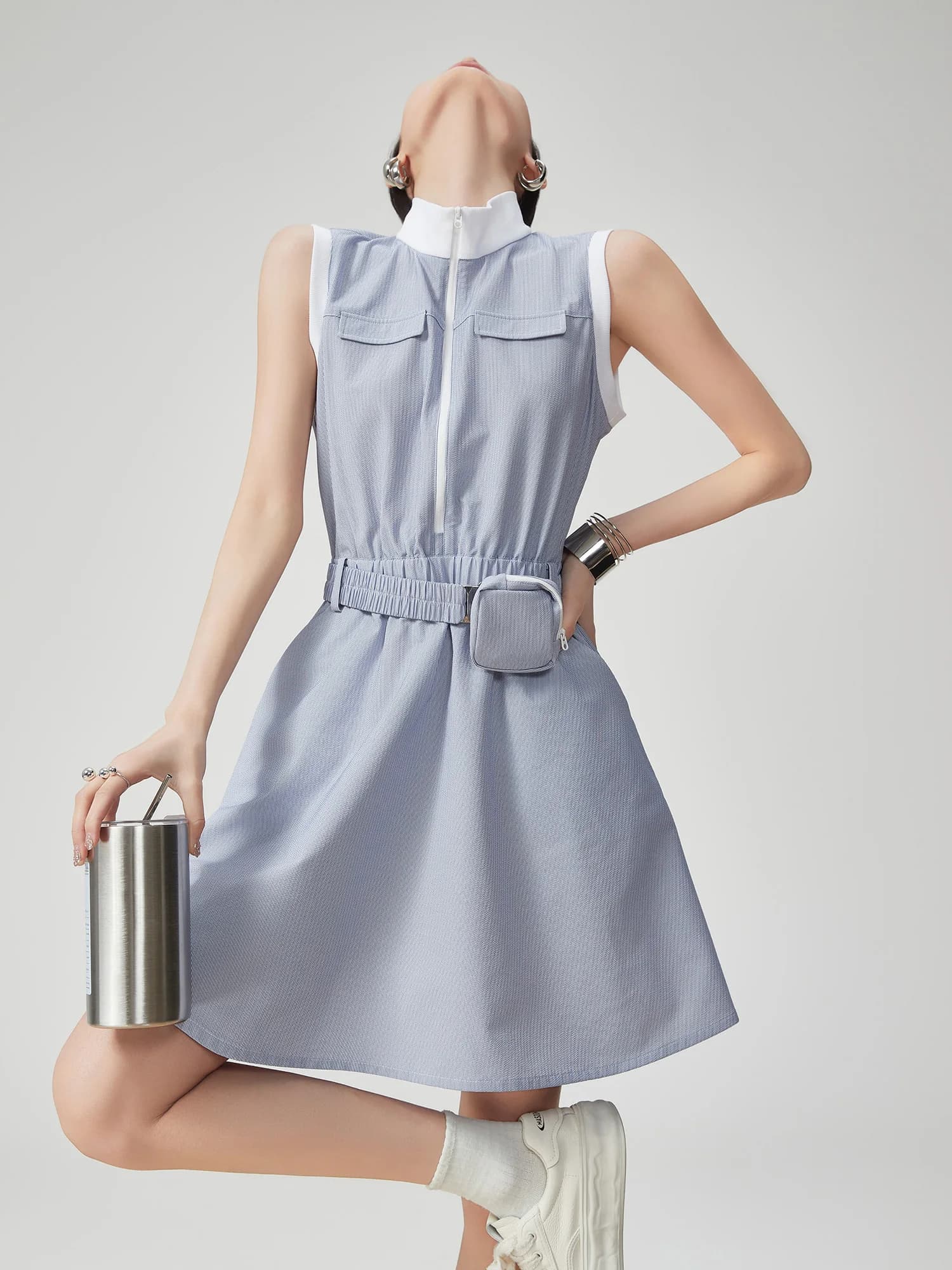 Gilet da golf casual a righe bianche blu Dr Donna di media lunghezza Unico Bella gonna stretta in vita Trendy Poliestere F...
