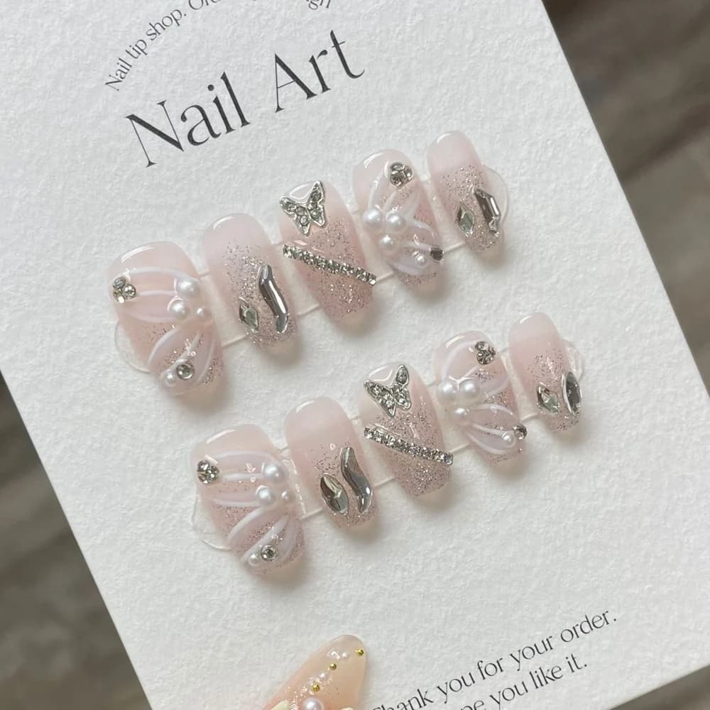 Handmade Pink Press on Nails Fairy Hand Paint Design Reusable Adhesive Fake Nails Korean Full Cover Nail Tips Manicure for Girls