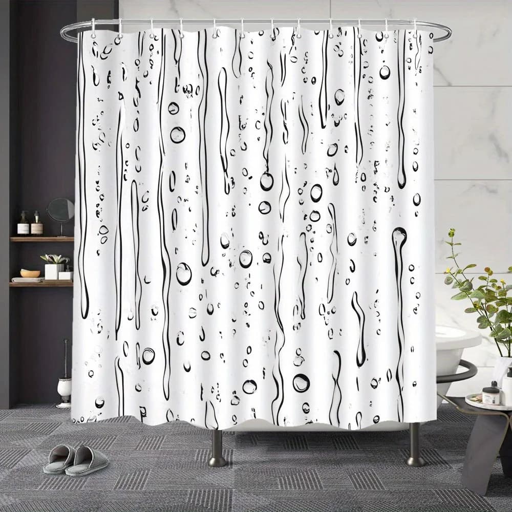 Tenda da doccia con gocce d'acqua in bianco e nero - Poliestere, resistente allo sbiadimento, lavabile in lavatrice, arredamento bagno moderno e minimalista