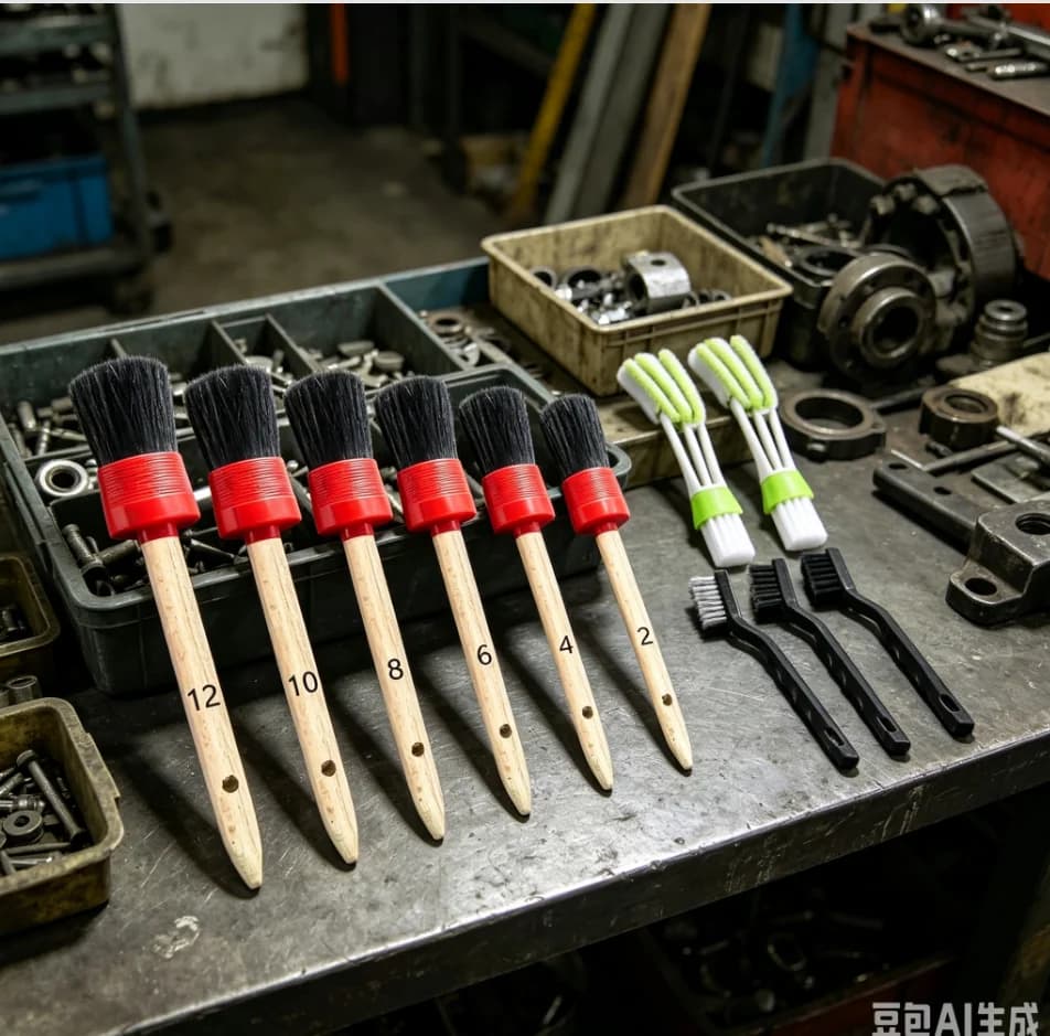 11Pcs Auto Detailing Set, Boar Hair Brushes, Steel Wire & A/C Brushes, Red, Soft Bristles