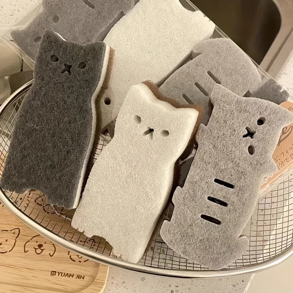 Set of 4 kitchen sponges for cute cats: tools to wash and clean thick and durable dishes