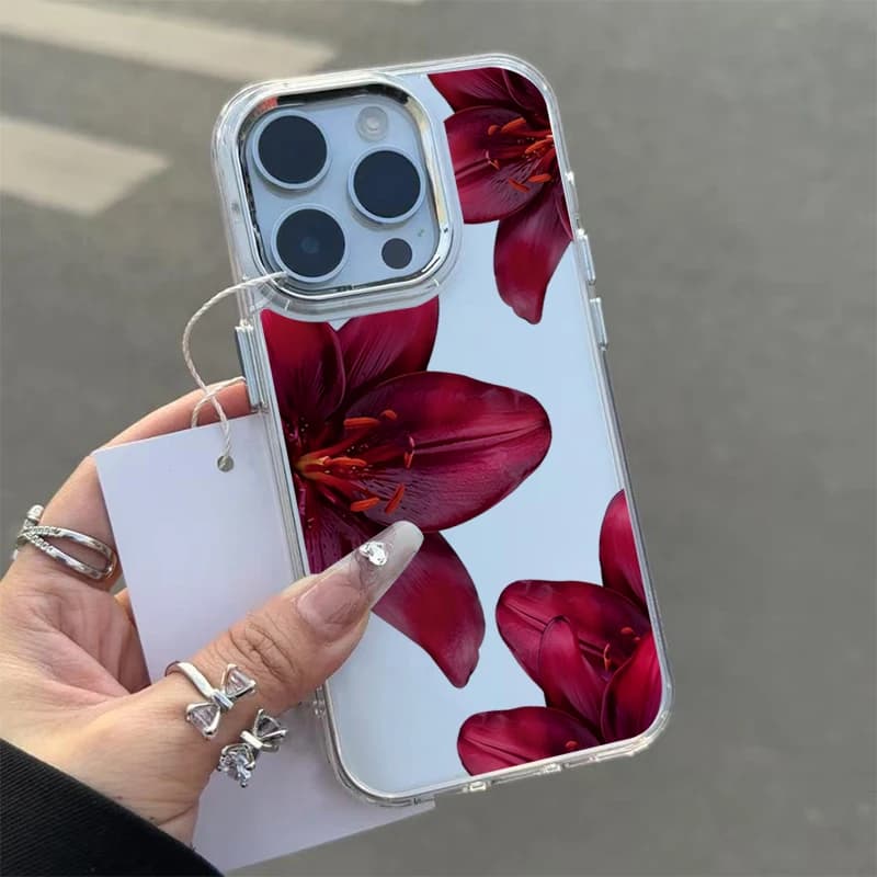 Wine Red Lily Pattern Metal Photo Frame Phone Case For iPhone 17 Pro Max Air 17e 16e 16 15 14 13 12 11 7 8 16 Plus XS X XR Cover