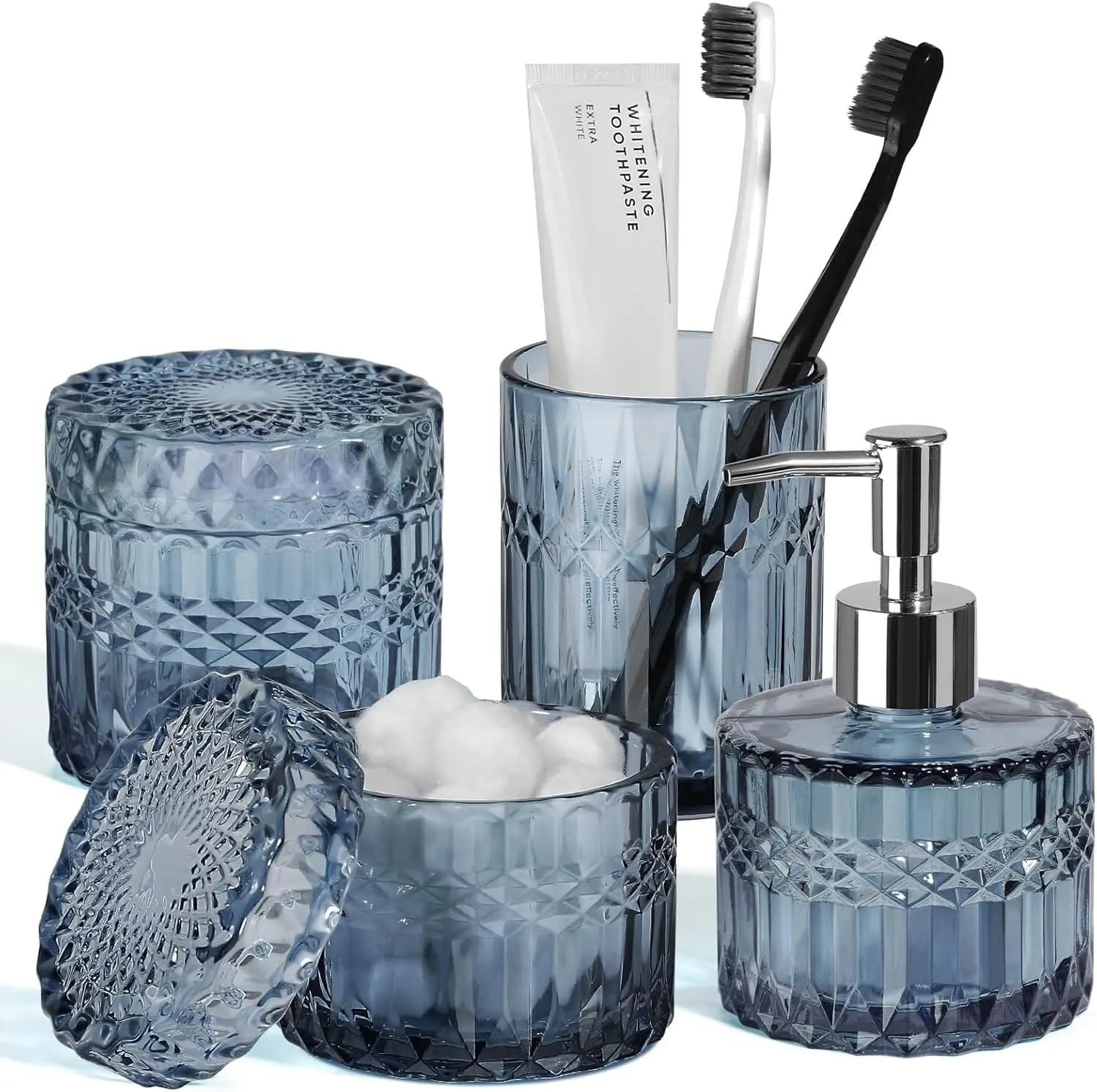 Set di Accessori per Bagno in Vetro Blu 4 Pezzi, Motivo a Diamante con Dispenser Sapone e Portaspazzolino, Decorazione per Piano di Lavoro