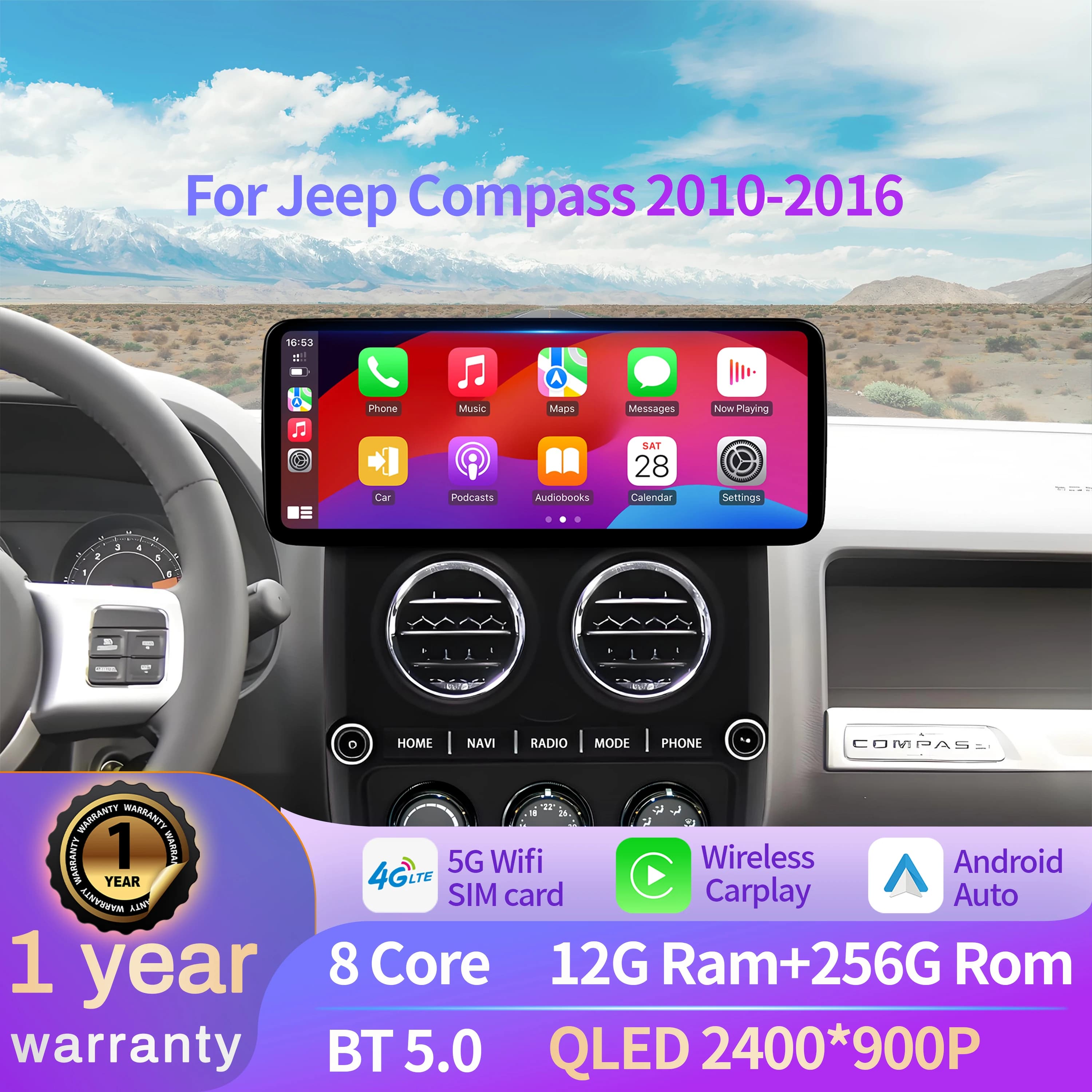 12.3 inch Car Radio Android 14 For Jeep Compass 2010-2016 Wireless Bluetooth Carplay Multimedia Navigation Head Unit Screen