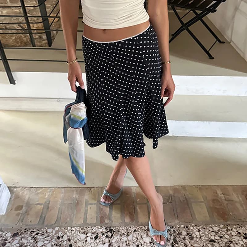 Nuova Gonna Estiva 2026 alla Moda, Stile Francese, Lunghezza Midi, Stampa a Pois, Vintage, con Fascia in Vita, Modello Sirena