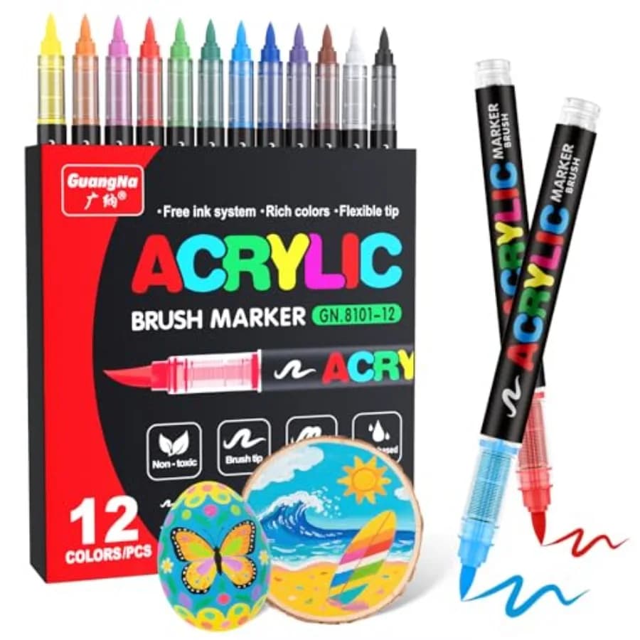 Acrylic Paint Markers Brush Tip, 2 Vivid Colors with Direct-Liquid Ink System, Professional-Grade Paint Pen for Rock Painting,