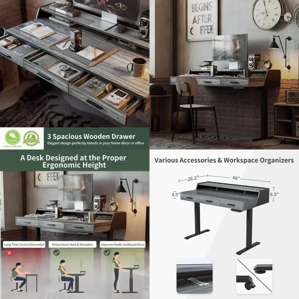Scrivania elettrica regolabile in altezza bestseller con cassetti portaoggetti e ripiano per monitor, scrivania 48x24 pollici per lavorare in piedi e seduti