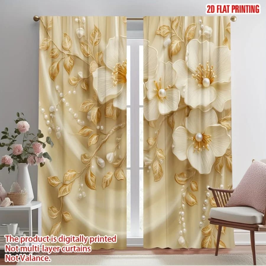 2PCS Digital Printed Curtains, Pearl Charm Flower Vine Pattern, Stylish Window Treatment for Living Room Bedroom Decor