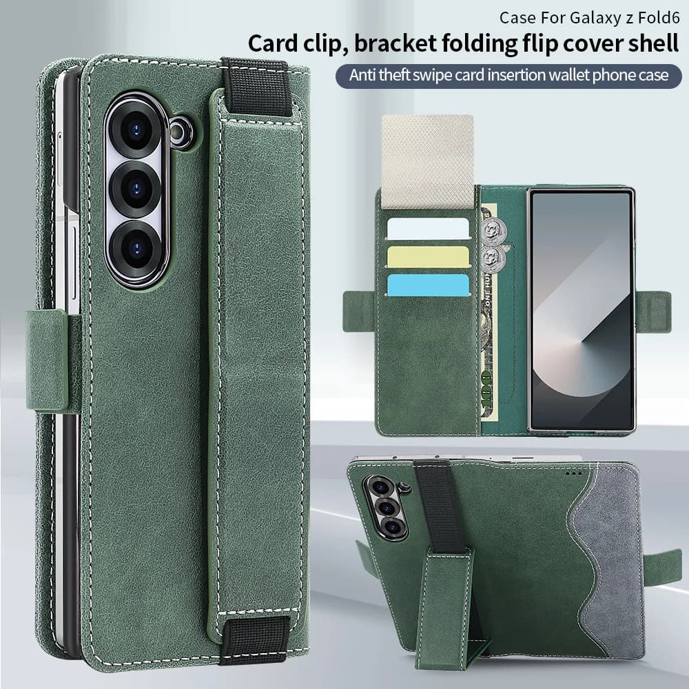 Custodia per telefono a portafoglio in pelle PU per Galaxy Z Fold 7/6/5 con funzione di blocco RFID e supporto per cavalletto da polso regolabile
