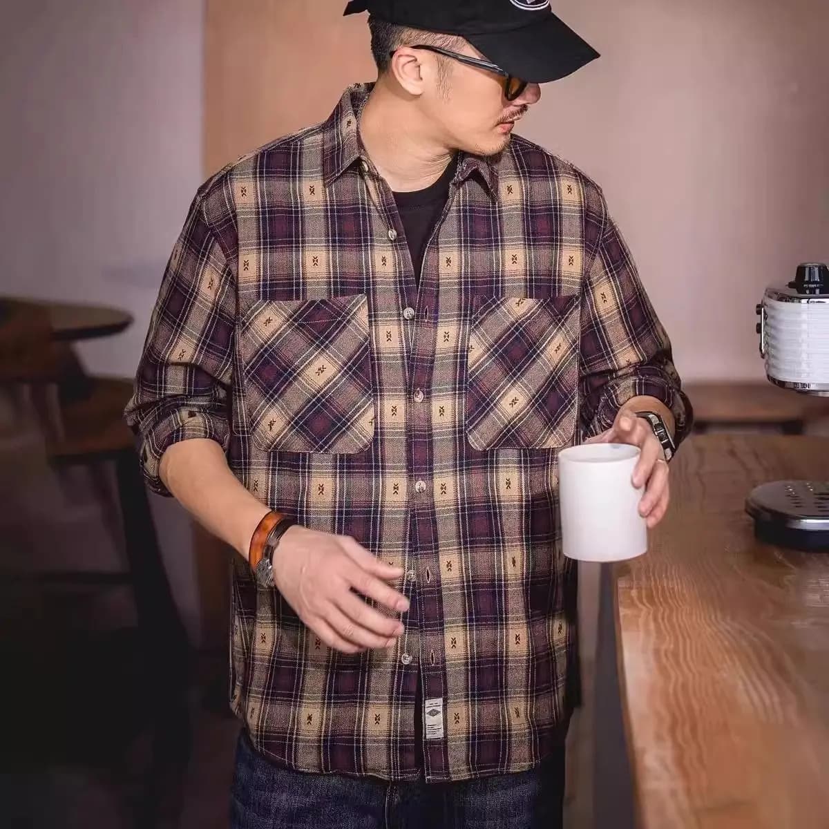 Retro British Style Color Block Plaid Shirt Jacket Men's Loose Casual Outerwear American Style Long Sleeve Polyester Polyeste...