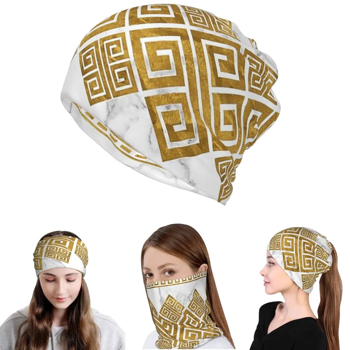 Sciarpa Multifunzione con Motivo Greco a Meandri in Marmo Bianco e Oro, Bandana, Scaldacollo, Balaclava, Cappello Invernale per Adulti