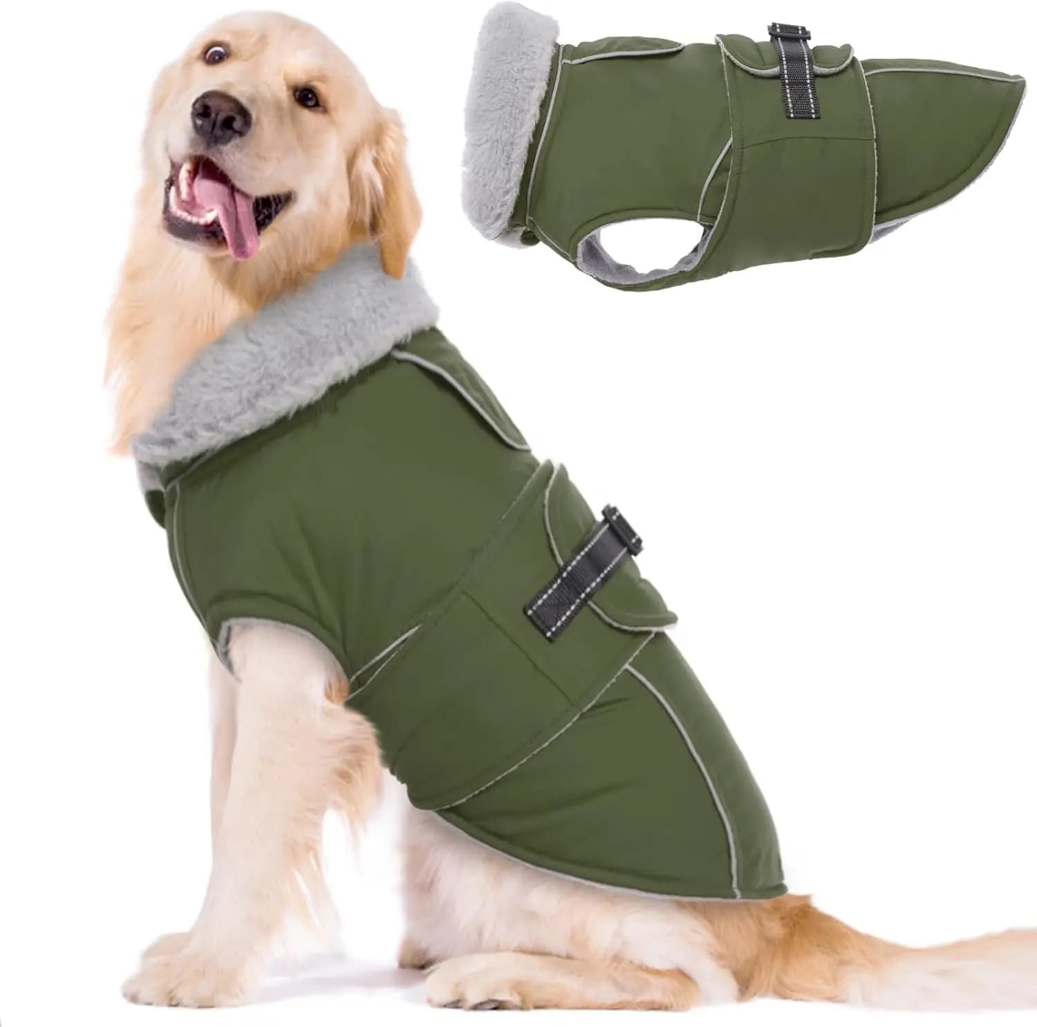 Cappotto Impermeabile Riflettente per Cani con Fibbia Regolabile, Gilet in Pile Antivento per Climi Freddi, Verde Militare XL