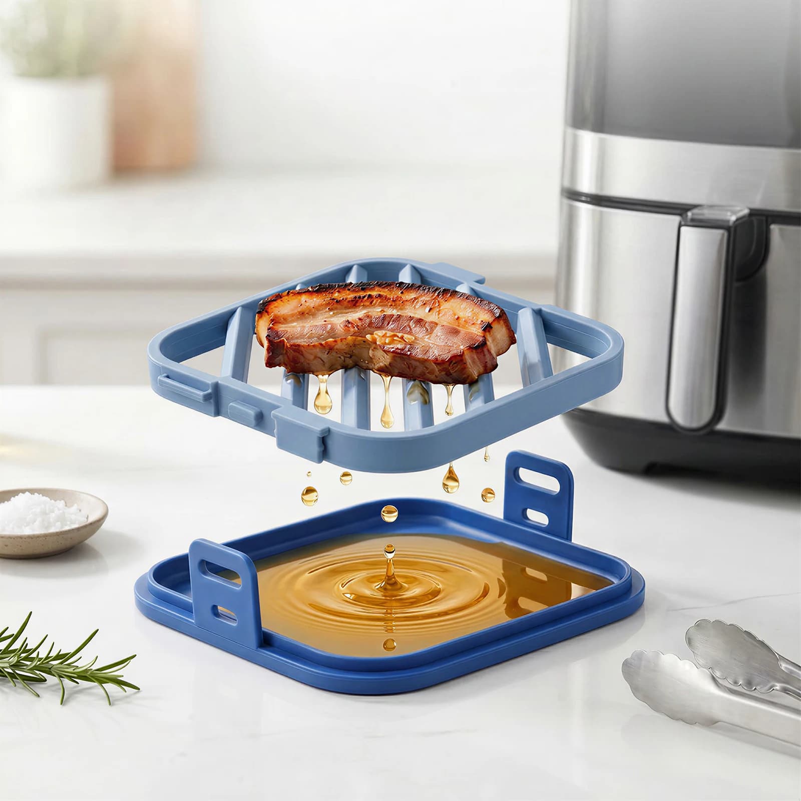 6inch Silicone Roast Rack Air Fryer Baking Tray with Oil Drain Liner Grill Pan Insert for 8 to 10.2 Inch Basket Cooking Baking