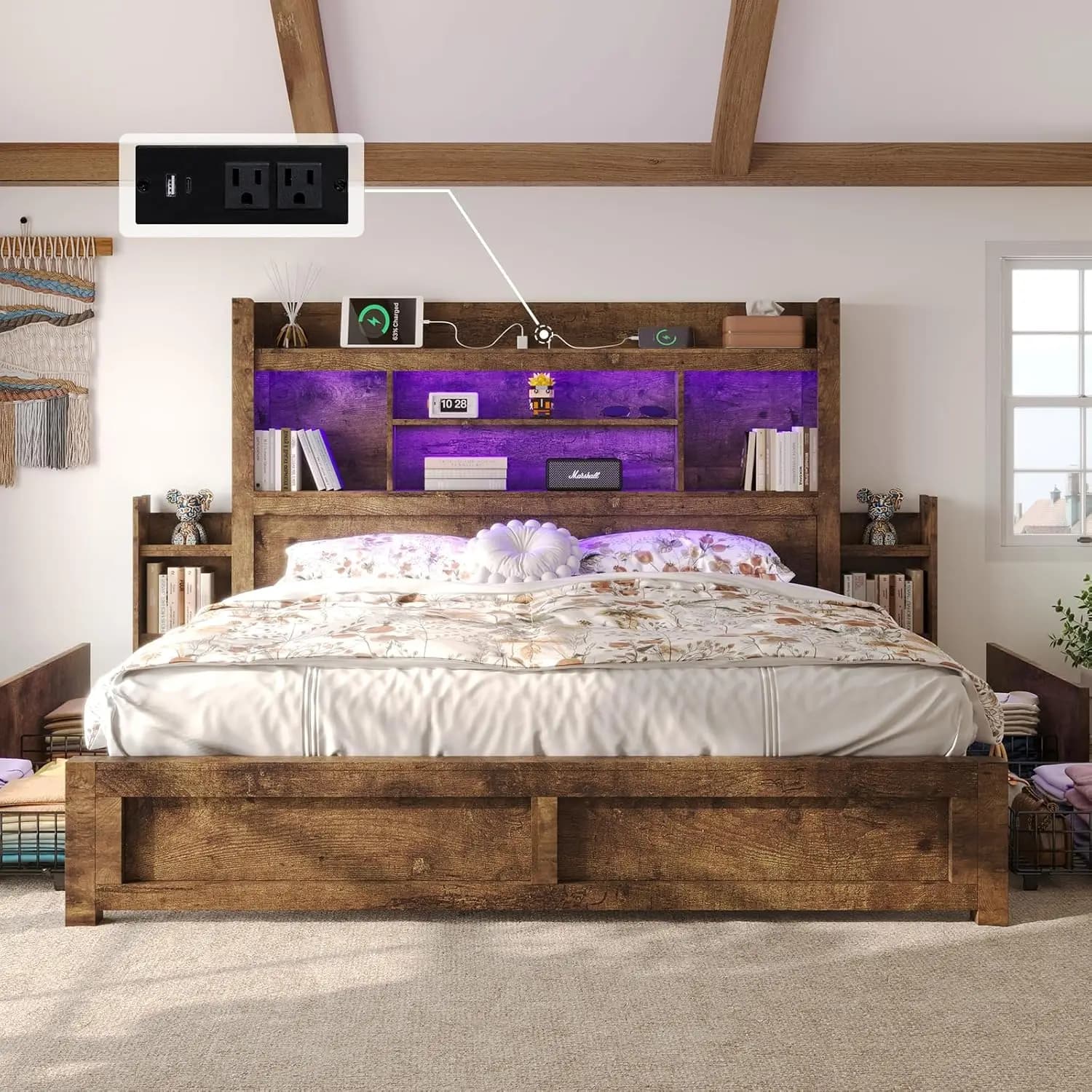 Struttura letto king size con testiera a libreria da 126 cm, 2 comodini e 4 cassetti, struttura letto in legno stile rustico, personalizzabile
