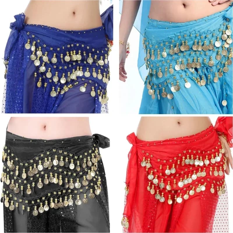 Belly Dance Belts 3 row belt with gold tone coins Woman 140 cm Sequins Nappe Chiffon Scarf Accessories for belly dance belts