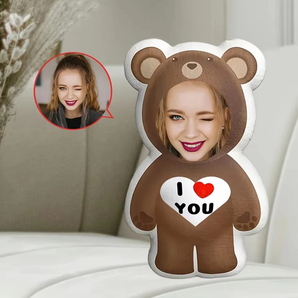 Customized Photo Bear Pillow Personalized 'I Love You' Facial Plush Ideal Gift for Loved Ones. Soft