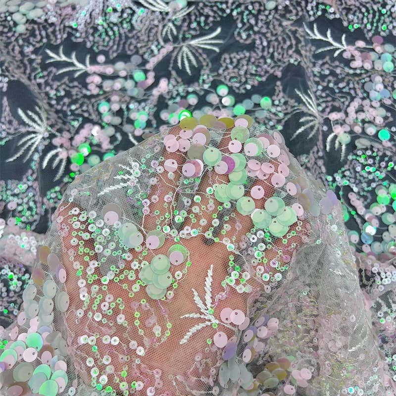 2yards Luxury Multicolor Pink Glitter Quality Heavy Sequined Lace Fabric Tree Branch 9mm Sequins Cloth For Wedding Dress